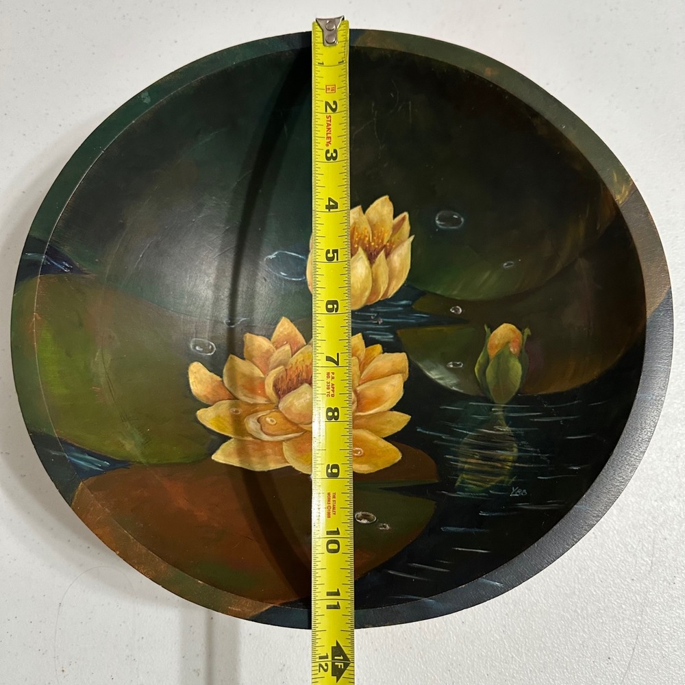 Weston Bowl Hand Painted Water Lily Wooden Bowl Floral Art‎ Vermont Vintage 11" - Picture 5 of 6
